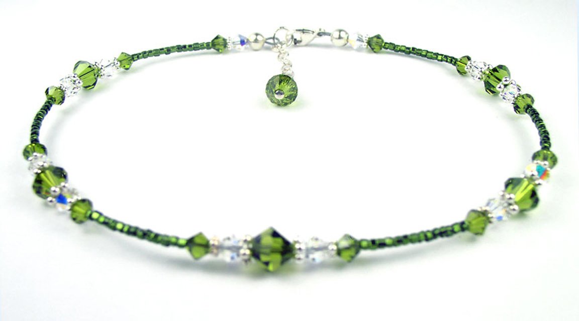 Dark Peridot Anklet,. August Birthstone Anklet, Handmade Crystal Beaded Ankle Bracelets