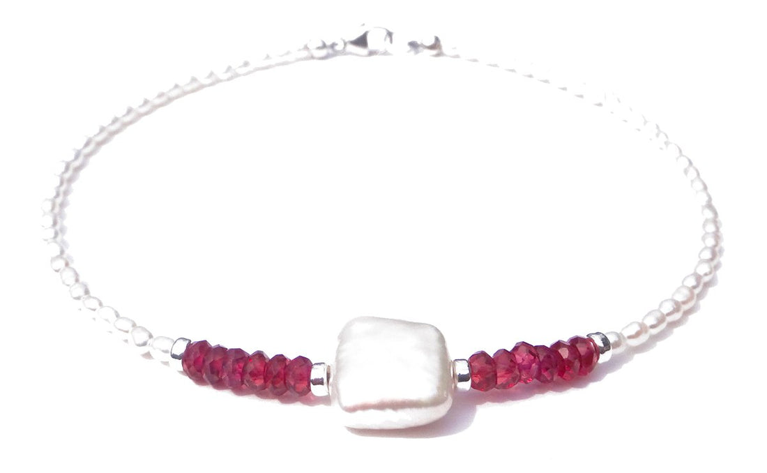 Garnet Ankle Bracelet w/ Pearls, Gemstone Beaded Anklets for Women, Red Garnet Jewelry, January Birthstone, Capricorn Birthday Gifts for Her in Gold & Sterling Silver