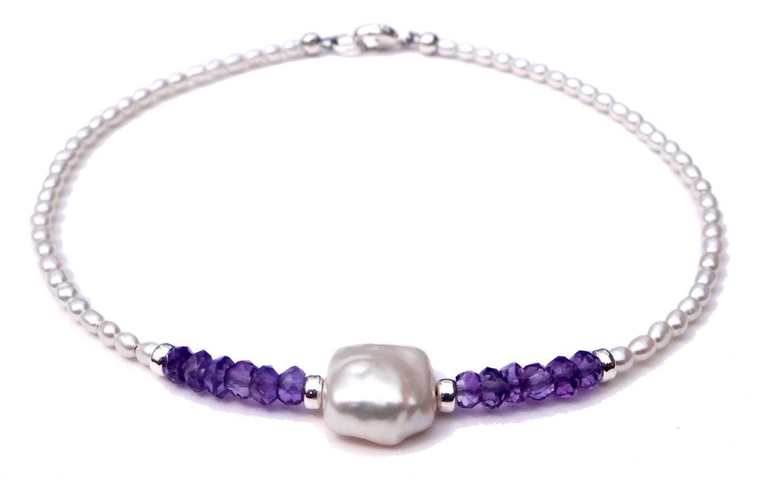 Handmade Silver Freshwater Pearl Gemstone Beaded Anklets Amethyst