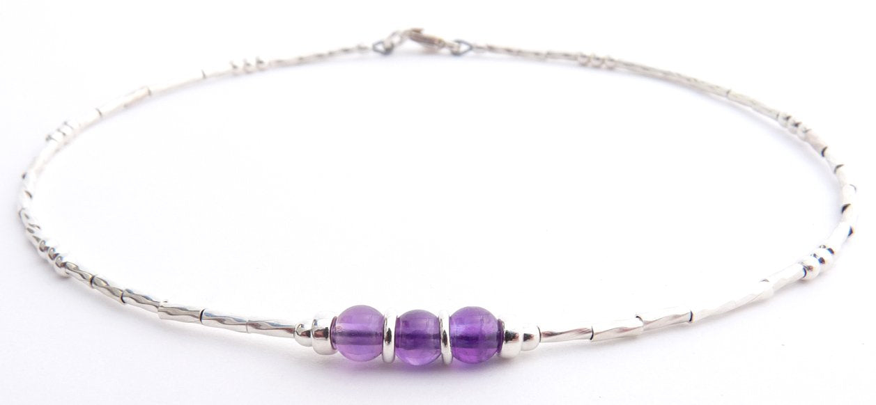 Amethyst February Minimalist Sterling Silver Handmade Birthstone Crystal Beaded Ankle Bracelet Birthday Gift for Her