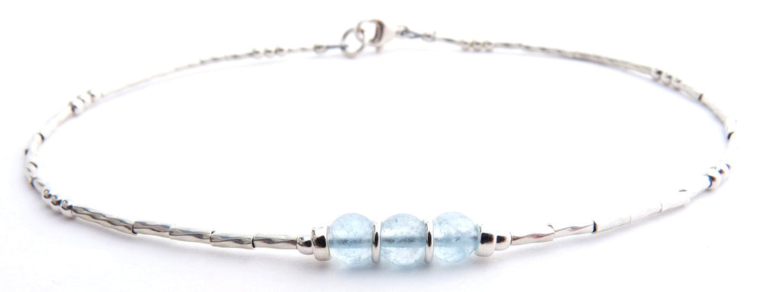 Aquamarine March 925 Silver Minimalist Handmade Birthstone Crystal Beaded Ankle Bracelet Birthday Gift for Her