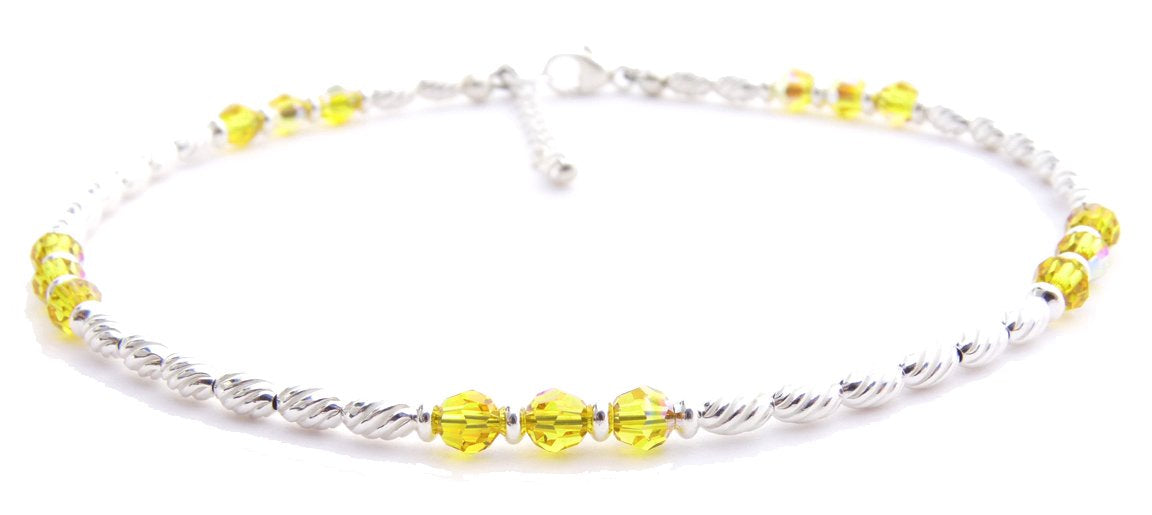 Handmade Citrine Anklet, November Birthstone Anklet, Sterling Silver Crystal Beaded Anklet
