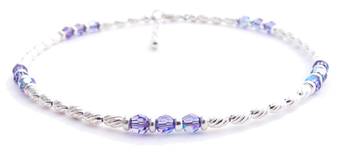 Handmade Tanzanite Anklet, December Birthstone Anklet, Sterling Silver Crystal Beaded Anklet