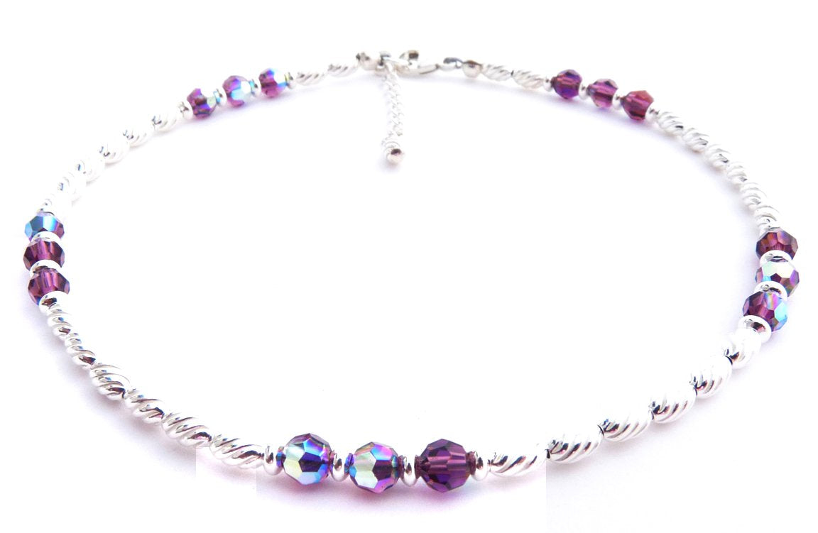 Handmade Amethyst Anklet, February Birthstone Anklet, Sterling Silver Crystal Beaded Anklet