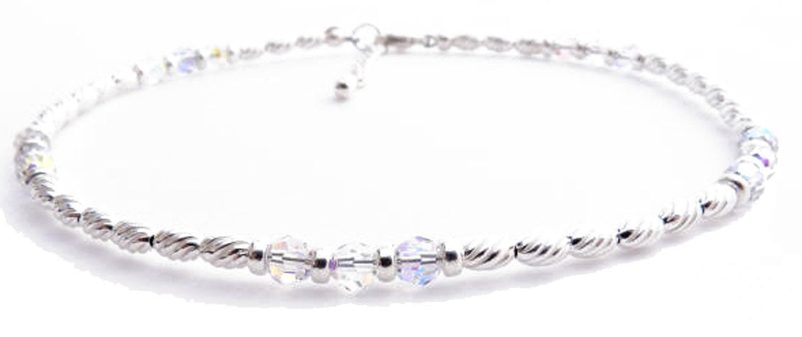 Handmade Aura Crystal Anklet, April Birthstone Anklet, Sterling Silver Crystal Beaded Anklet