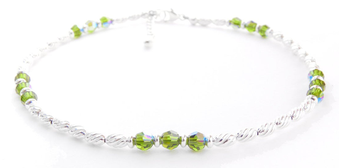 Handmade Peridot Anklet, August Birthstone Anklet, Sterling Silver Crystal Beaded Anklet