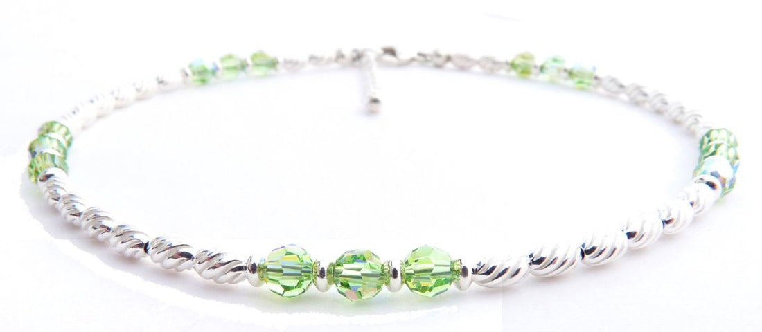 Handmade Peridot Anklet, August Birthstone Anklet, Sterling Silver Crystal Beaded Anklet