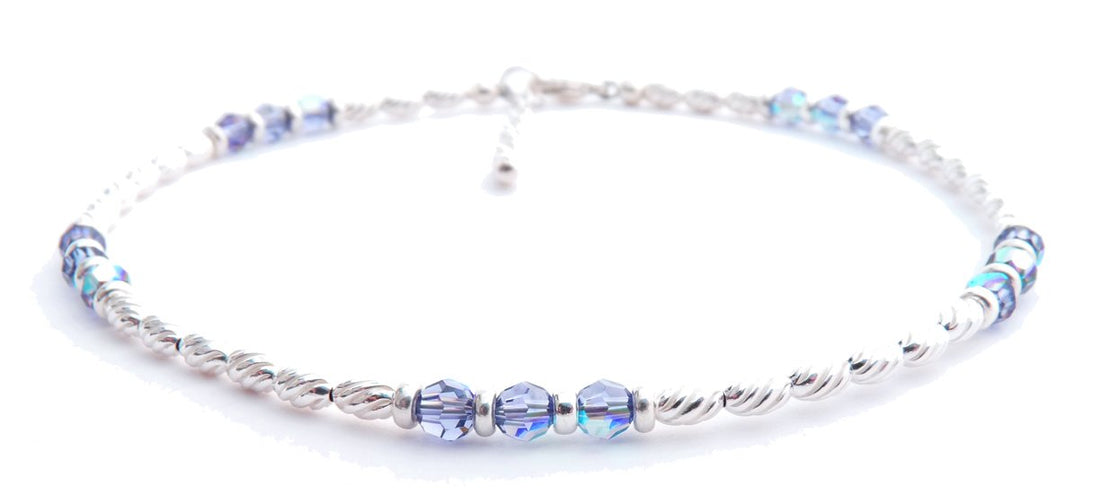 Handmade Sapphire Anklet, September Birthstone Anklet, Sterling Silver Crystal Beaded Anklet