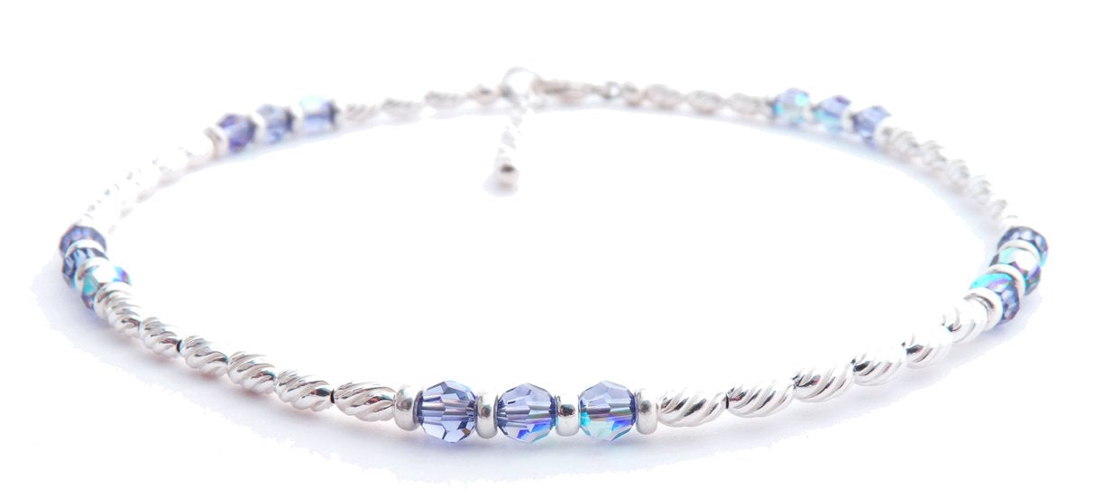 Handmade Sapphire Anklet, September Birthstone Anklet, Sterling Silver Crystal Beaded Anklet