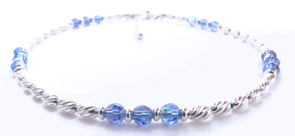 Handmade Sapphire Anklet, September Birthstone Anklet, Sterling Silver Crystal Beaded Anklet