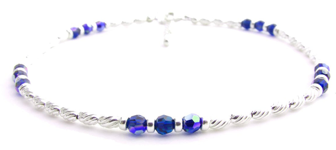 Handmade Sapphire Anklet, September Birthstone Anklet, Sterling Silver Crystal Beaded Anklet