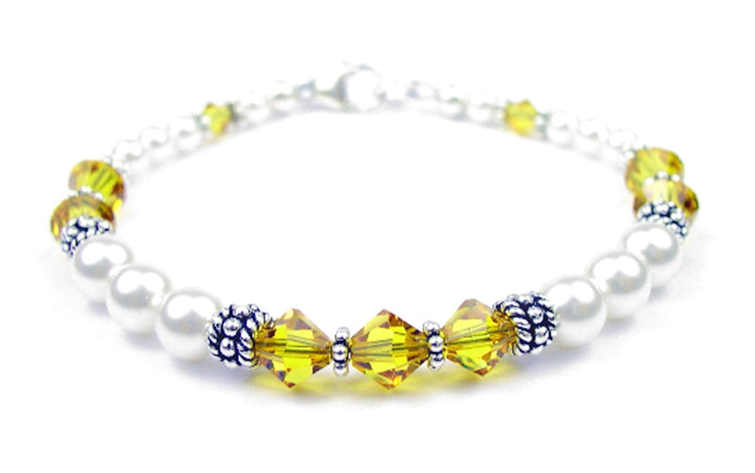 Citrine November Birthstone Bracelet, Genuine Freshwater Pearl Crystal Jewelry Beaded Bracelet
