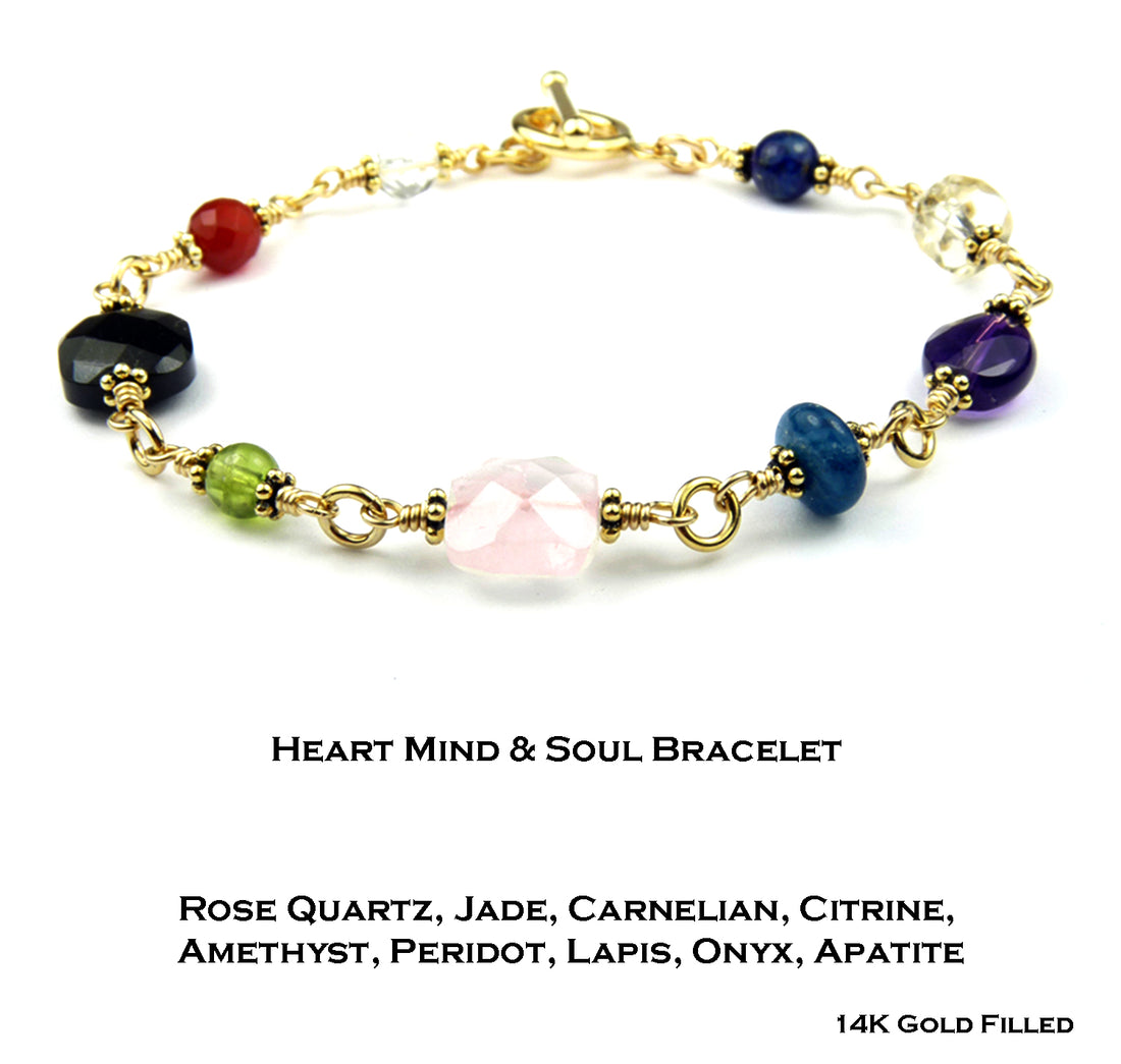 Heart, Mind and Soul Bracelet, 14K GF Gold Ancient & Traditional Meaning of Crystals