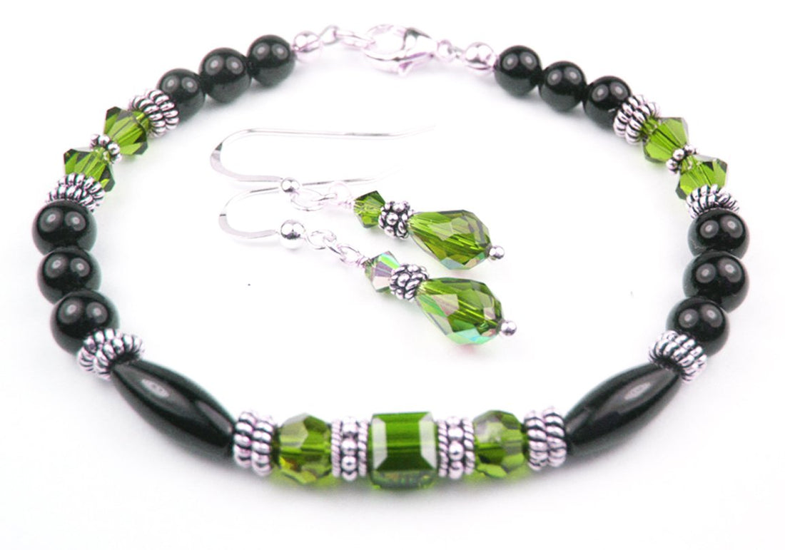 Black Onyx Bracelet and Earrings SET w/ Faux Green Olivine in Crystal Jewelry Birthstone Colors