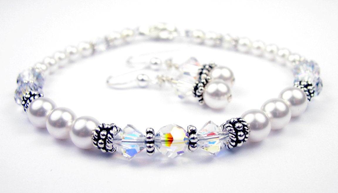 Freshwater Pearl Jewerly Sets: Real Pearl Bracelets Faux Clear Crystal April in Crystal Jewelry Birthstone Colors