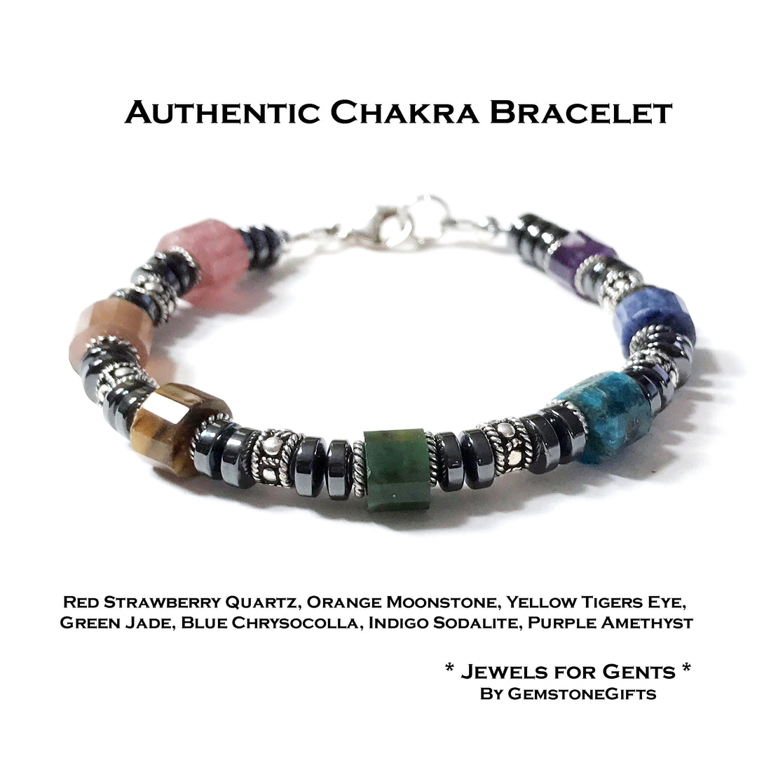 Chunky Mens Chakra Bracelet, Raw NUGGET Gemstone Inspirational Yoga Prayer Mala Intention Bracelet BMN04-5