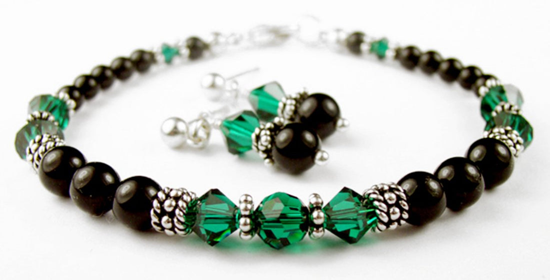 Black Pearl Emerald Green May Crystal Jewelry Birthstone Beaded Bracelets & Earrings Set