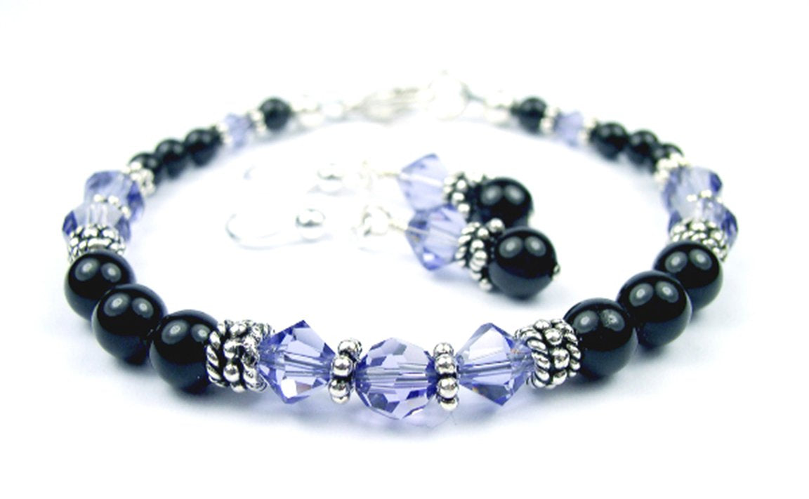 Black Pearl Tanzanite December Crystal Jewelry Birthstone Beaded Bracelets & Earrings Set