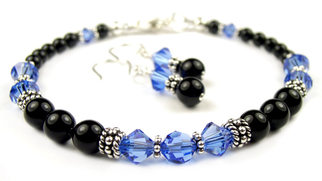 Black Pearl Blue Sapphire September Crystal Jewelry Birthstone Beaded Bracelets & Earrings Set