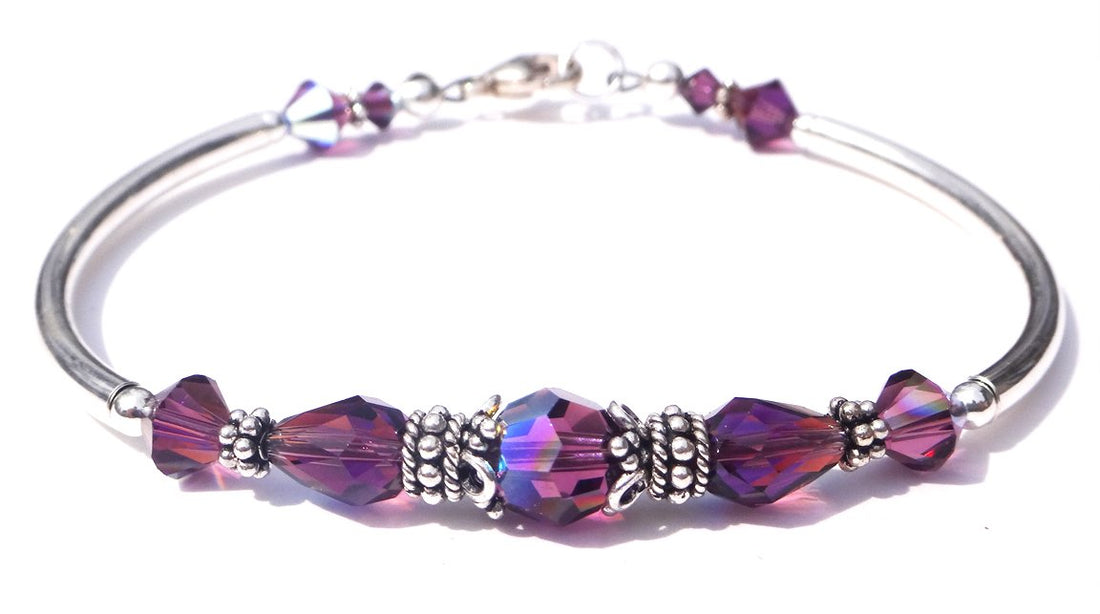 Solid Sterling Silver Bangle February Birthstone Bracelets in Faux Amethyst