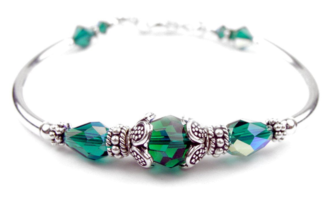 Solid Sterling Silver Bangle May Birthstone Bracelets in Faux Emerald