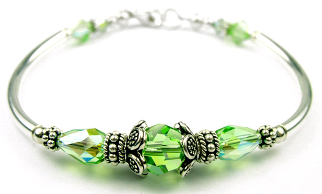 Solid Sterling Silver Bangle August Birthstone Bracelets in Faux Peridot