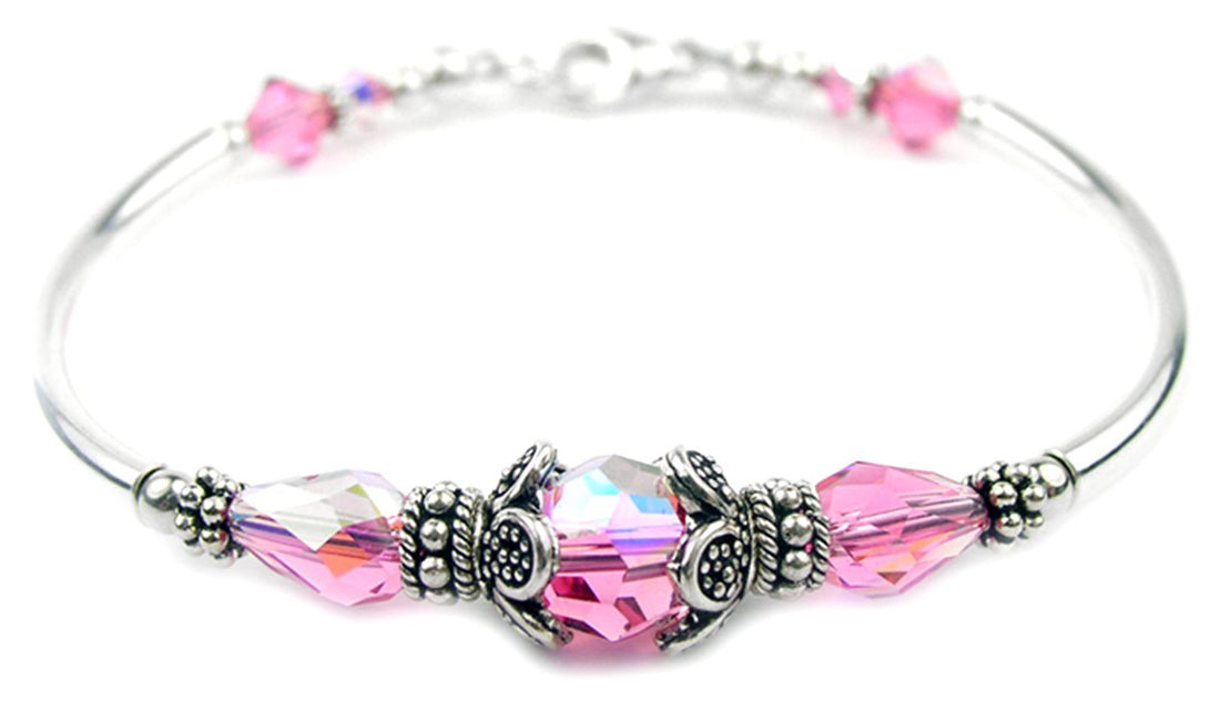 Solid Sterling Silver Bangle October Birthstone Bracelets in Faux Pink Tourmaline