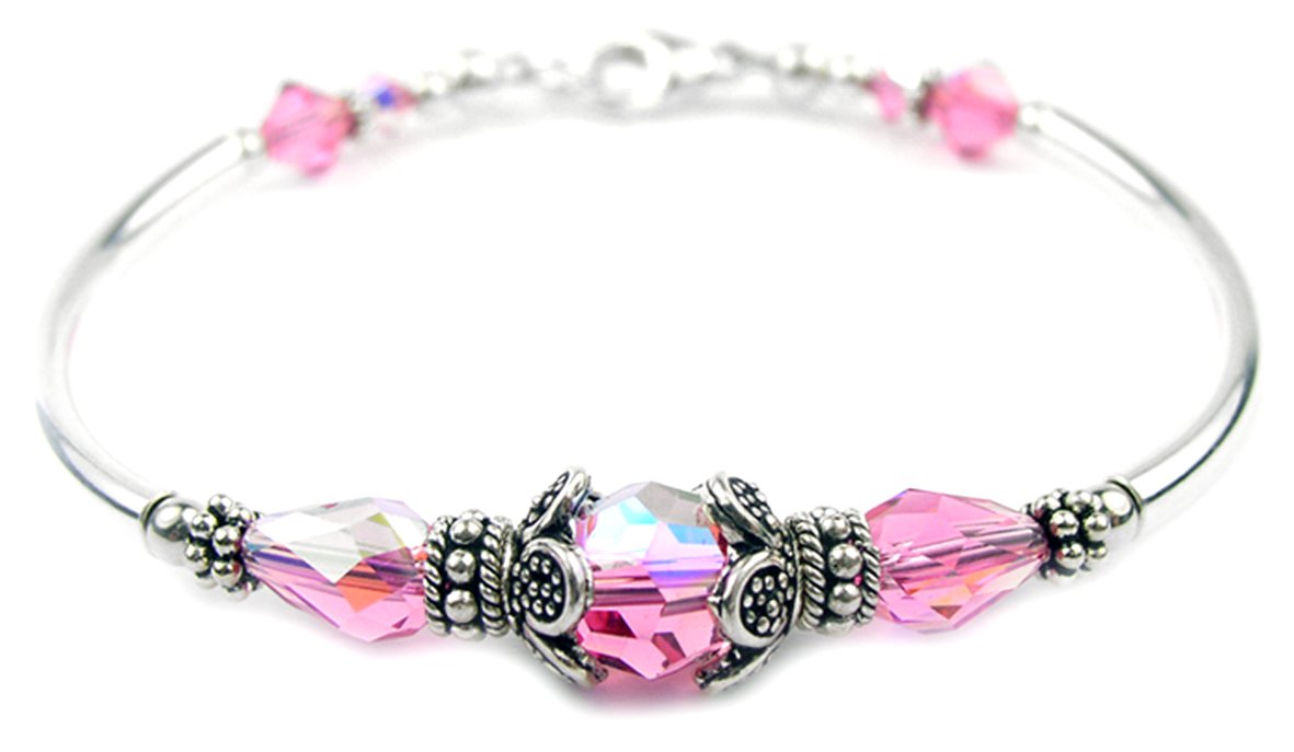 Solid Sterling Silver Bangle October Birthstone Bracelets in Faux Pink Tourmaline