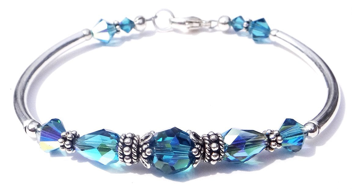 Solid Sterling Silver Bangle December Birthstone Bracelets in Faux Blue Zircon
