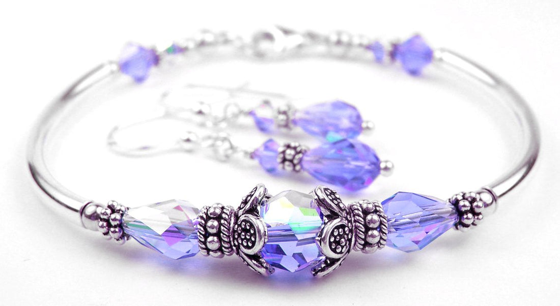 Solid Sterling Silver Bangle December Birthstone Bracelets & Earrings in Faux Tanzanite