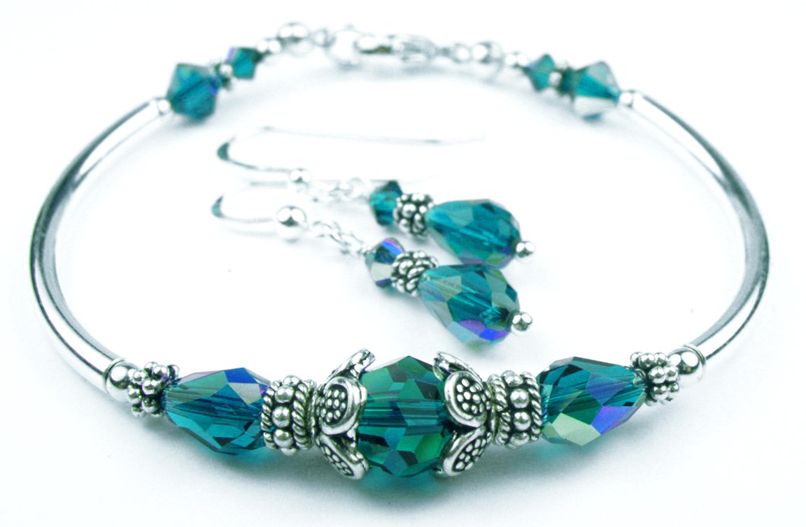 Solid Sterling Silver Bangle December Birthstone Bracelets & Earrings in Faux Blue Zircon