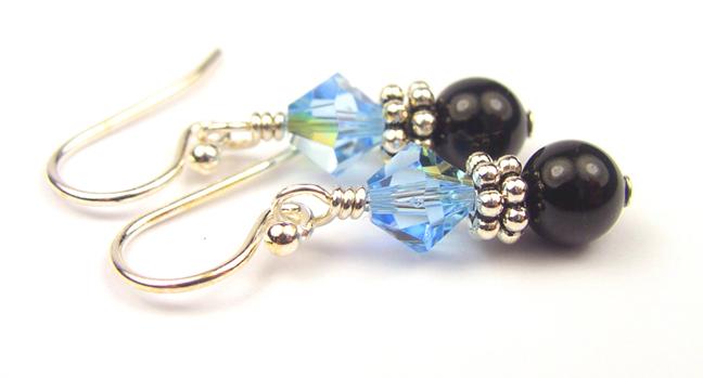 Silver Black Pearl and Crystal Earrings March Aquamarine Genuine Crystal Jewelry