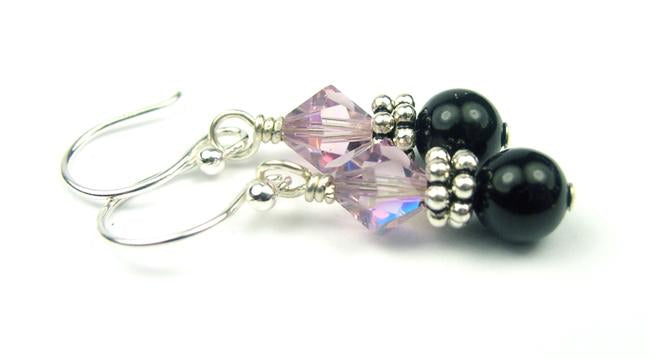 Silver Black Pearl and Crystal Earrings June Alexandrite Genuine Crystal Jewelry