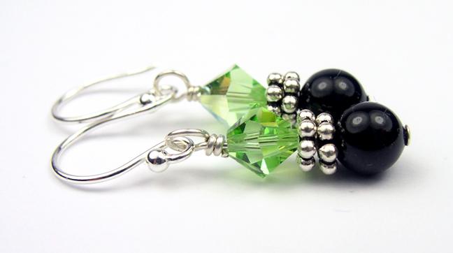 Silver Black Pearl and Crystal Earrings August Peridot Genuine Crystal Jewelry