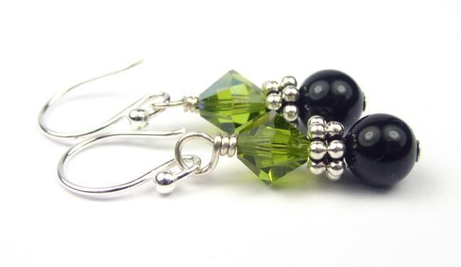 Silver Black Pearl and Crystal Earrings August Dark Peridot Genuine Crystal Jewelry