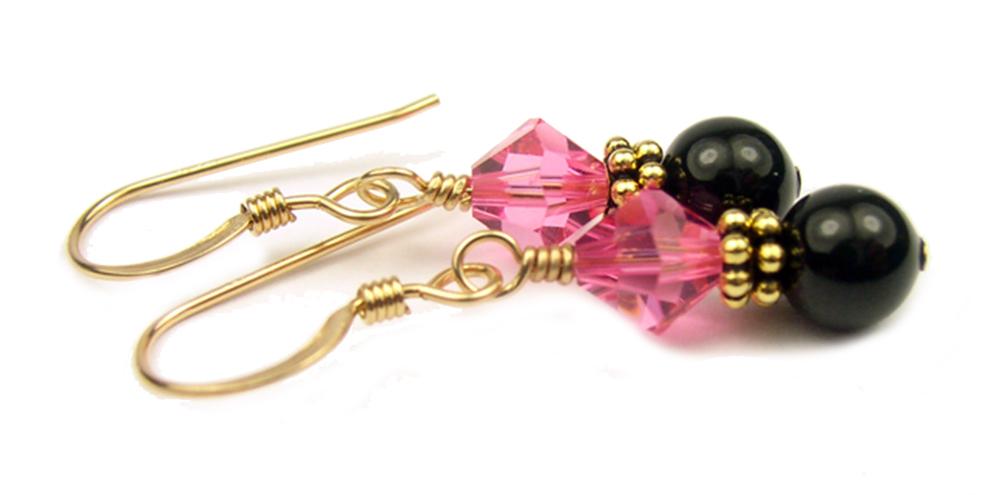 Gold Tourmaline Earrings, October Birthstone Earrings, 14k GF Black Pearl & Crystal Beaded Earrings, CrystaL Jewelry