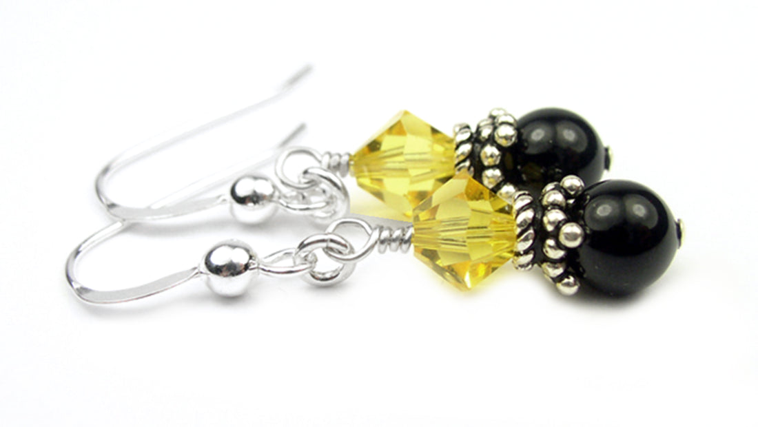 Silver Black Pearl and Crystal Earrings November Citrine Genuine Crystal Jewelry