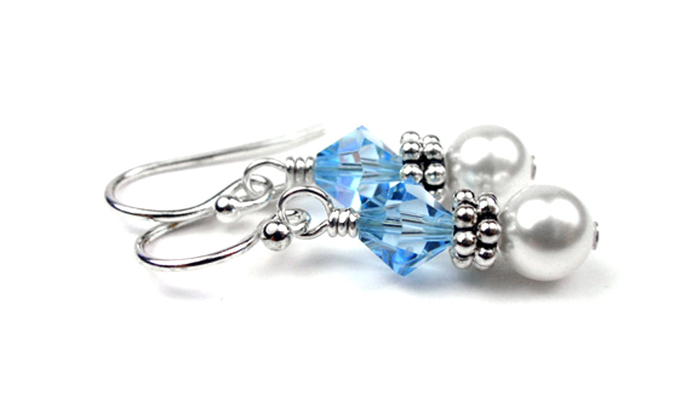 Sterling Aquamarine Earrings, March Birthstone Earrings, Freshwater Pearl Beaded Earrings, Blue CrystaL Jewelry
