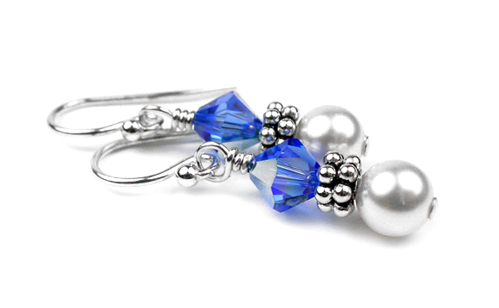 Sterling Sapphire Earrings, September Birthstone Earrings, Freshwater Pearl Beaded Earrings, Blue CrystaL Jewelry