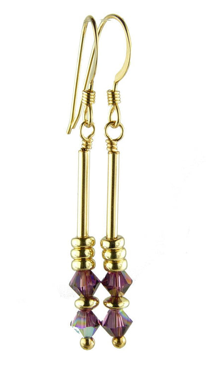 Amethyst Earrings, February Birthstone Earrings, Purple Minimalist 14K GF Dangle Earrings, Austrian Crystal Elements