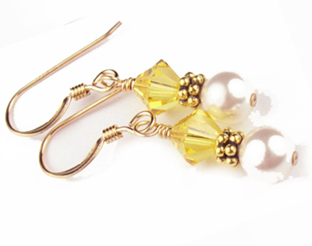 Gold Citrine Earrings, November Birthstone Earrings, 14k GF Freshwater Pearl Beaded Earrings, Birthstone CrystaL Jewelry