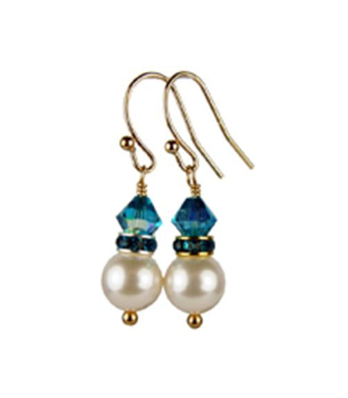 Blue Zircon Earrings, 8MM Akoya Pearl Earrings, December Birthstone Earrings, Gold Filled w/ Genuine Crystal Jewelry