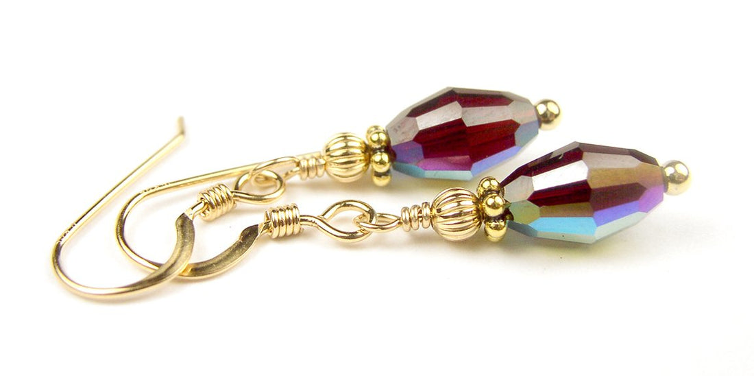 Garnet Earrings, Handmade Dangle Earrings for Women, Red Crystal Drop Earrings, Gold & Silver