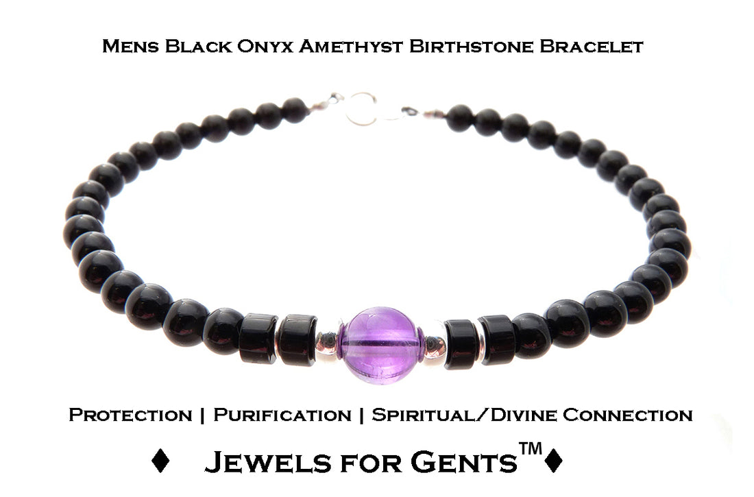 Amethyst Bracelet, February Birthstone Jewelry, Aquarius Bracelet, Mens Custom Personalized Gemstone Beaded Black Onyx Birthday Gift