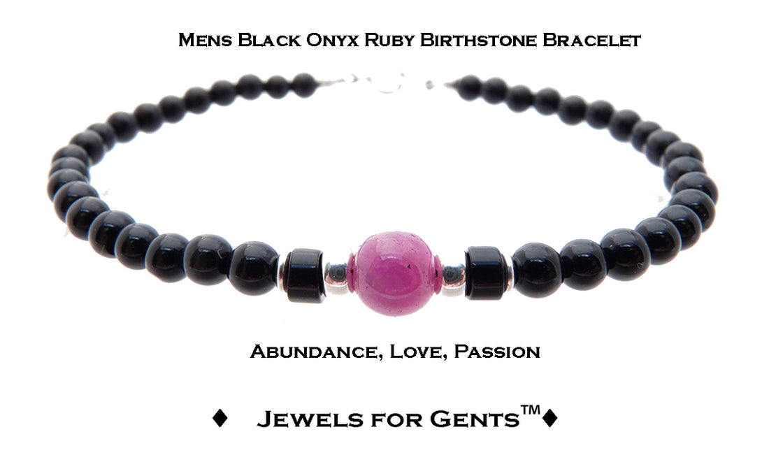 Ruby Bracelet, July Birthstone Jewelry, Cancer Zodiac Bracelet, Mens Custom Personalized Gemstone Beaded Black Onyx Birthday Gift