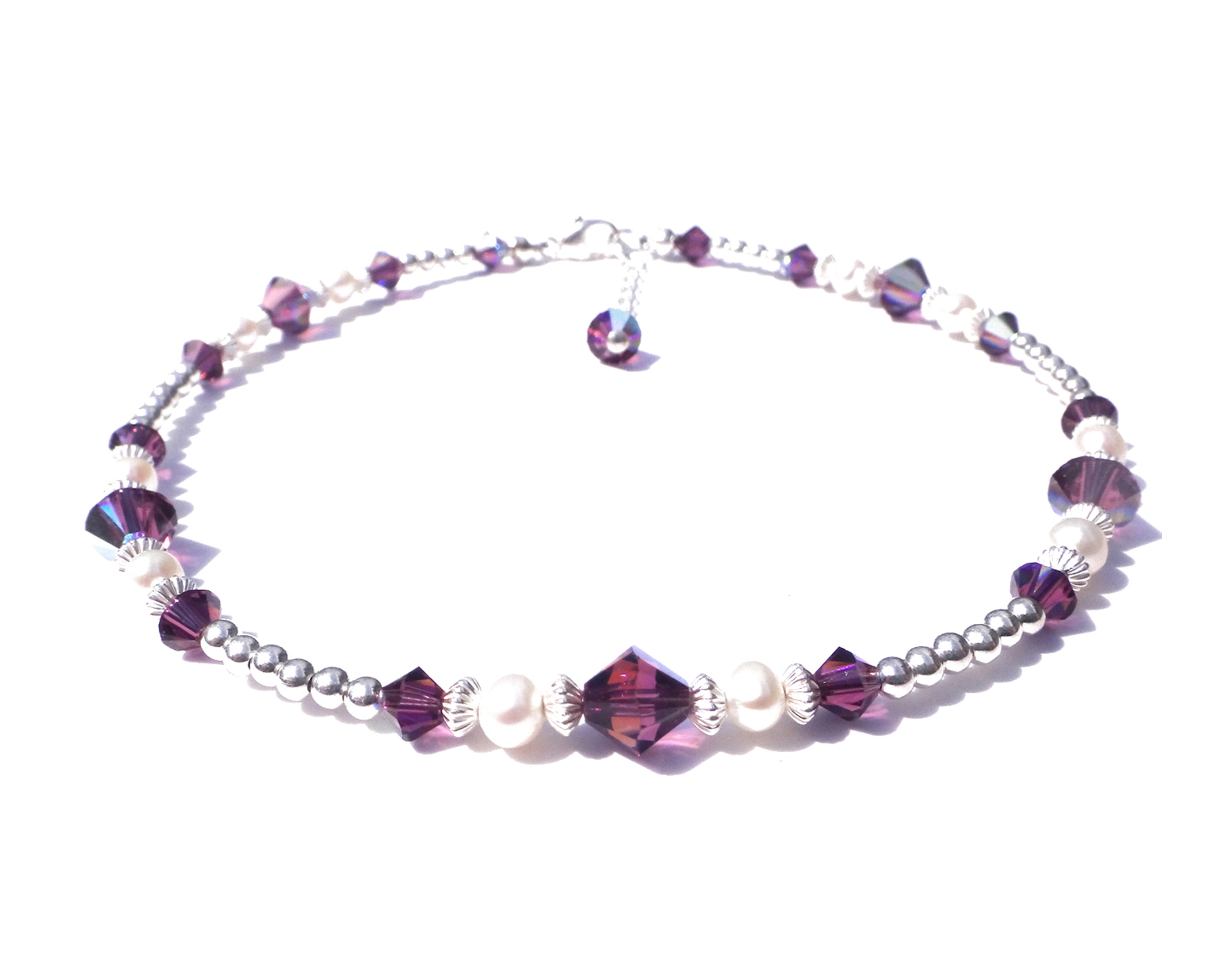 Sterling Silver Birthstone Anklets with Austrian Crystals and Freshwater Pearls, in Sizes Small to Plus Size. 