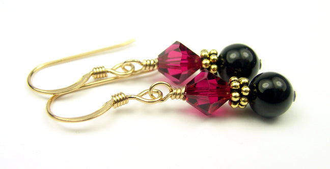 Black Pearl Drop Earrings, Crystal Dangle Earrings, Birthstone Earrings, Beaded Earrings, Genuine Austrian Crystal Beads