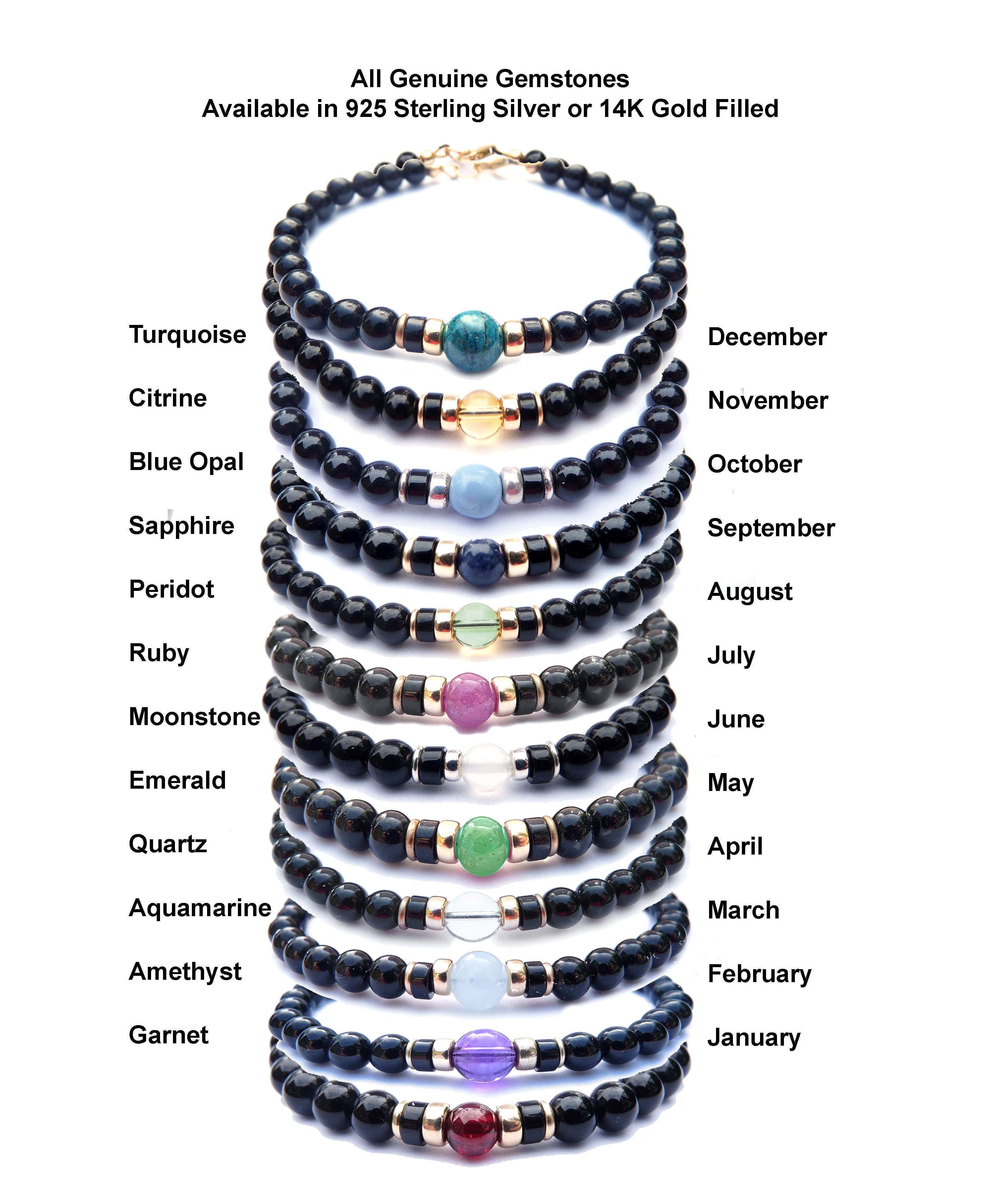 Mens Birthstone Beaded Bracelets in Black Onyx, Precious Stones, and Silver or Gold Accents. 
