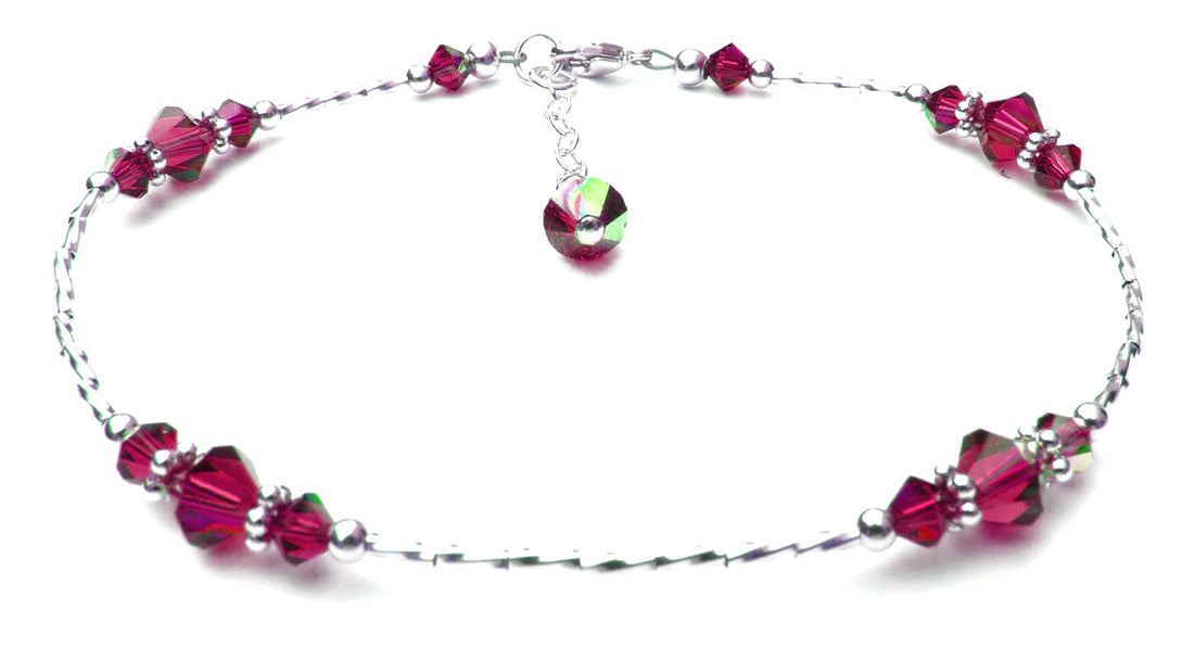 Handmade Ruby July birthstone anklet in 925 sterling silver with liquid silver beads and extender.