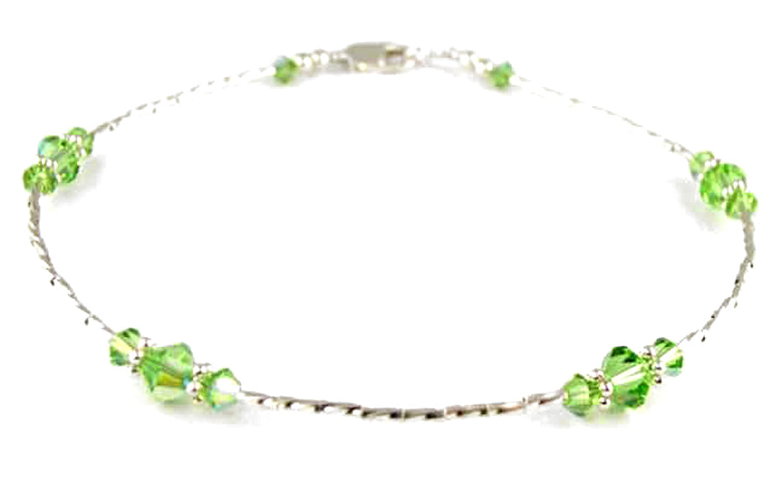 Handmade Green Peridot August birthstone anklet in 925 sterling silver with liquid silver beads and extender.